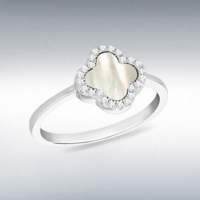 Sterling Silver Rhodium Plated 11mm Clover Mother of Pearl and 1.1mm White CZ Ring 8.84.1361