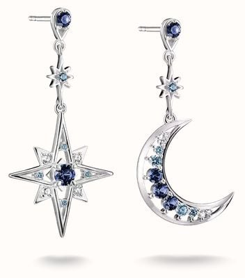 Thomas Sabo Sterling Silver & Blue Crystal Moon & Star Drop Stud Earrings H2379-166-1