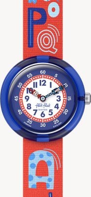 Flik Flak KNOW YOUR ABC (31.85mm) White and Blue Dial / Red Alphabet Patterned Strap FBNP244