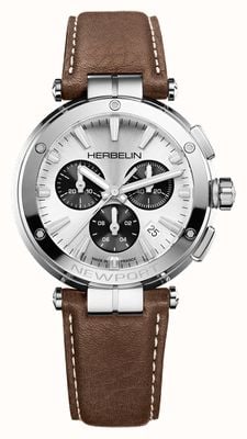Herbelin Newport Chronograph (40.5mm) Silver Sunray Dial / Brown Leather Strap 37658AP42MA
