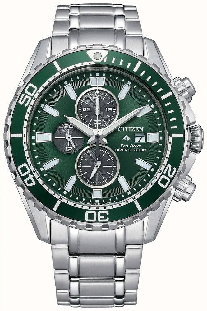 Citizen Men s Promaster Diver Chronograph Eco Drive Green Dial Stainless Steel Bracelet CA0820 50X