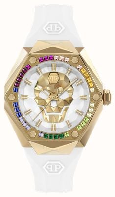 Philipp Plein HIGH-CONIC $KULL SPIKES LADY (40mm) White & Gold Skull Dial / White Silicone Strap PWADA0324