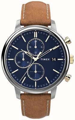 Timex Chicago Chrono 45mm Silver-tone Case Blue Dial Brown Leather Strap TW2U39000