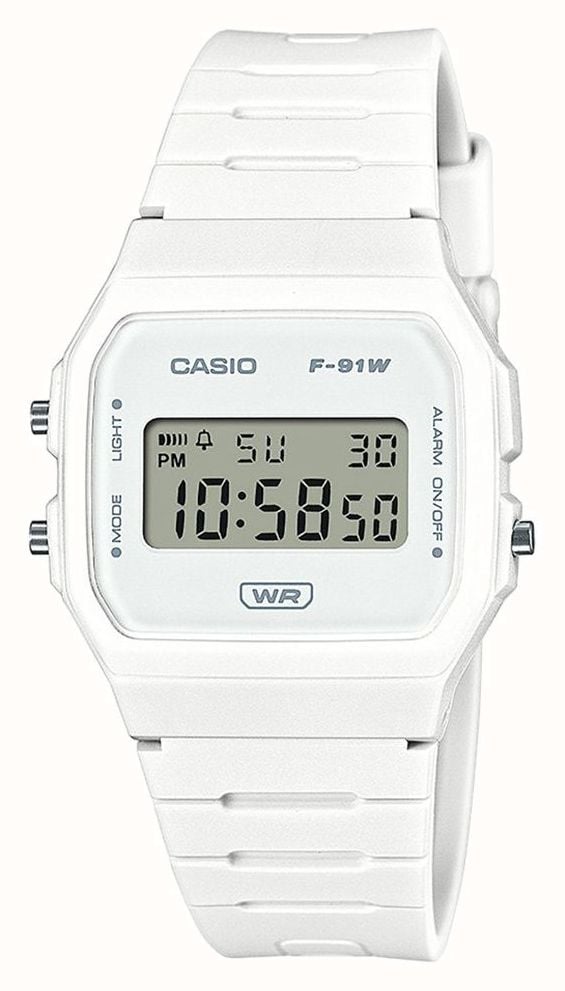 Casio F 91 Series Digital 38.2mm White Digital Dial White Bio based resin Strap F 91WB 7AEF