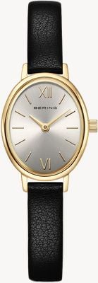 Bering Classic Oval Quartz (20mm) Silver Sunray Dial / Black Leather Strap Watch 11020-433
