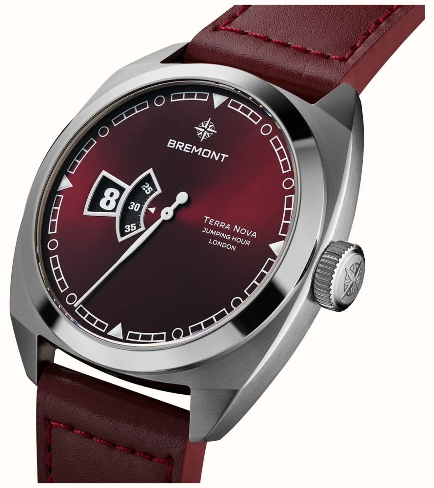Bremont Terra Nova Jumping Hour Automatic (40.5mm) Burgundy Sunray Lacquered Dial / Burgundy Leather Strap TN40-JH-SS-BG-L-S - alternate view 3