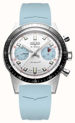 Vulcain Skindiver Chronograph Automatic Limited Edition (39.7mm) Silver Dial / Ice Blue Rubber Strap Watch 590176BL7.BAR224