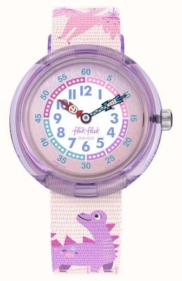 Flik Flak Dinology (31.85mm) White and Pink Dial / Pink Dinosaur Recycled PET Fabric Strap FBNP230