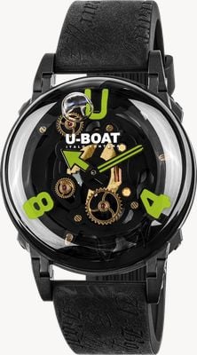 U-Boat U-65 PVD Green (44mm) Black Skeleton Dial / Black Vintage-Style Silicone Strap 3351