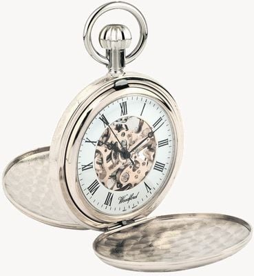Woodford Full Hunter Chrome Plated Metal Skeleton Pocket Watch 1062