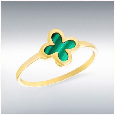 9ct Yellow Gold 8.6mm Clover Malachite Ring 1.84.9971