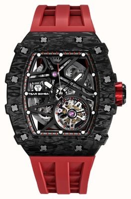 TSAR BOMBA Elemental Series Carbon Fibre Automatic (43.5mm) Black Skeleton Dial / Red FKM Rubber Strap TB8209CF-02