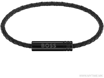 BOSS Jewellery Ares Air Braided Cuff In Black Leather With Logo Plaque 1580875