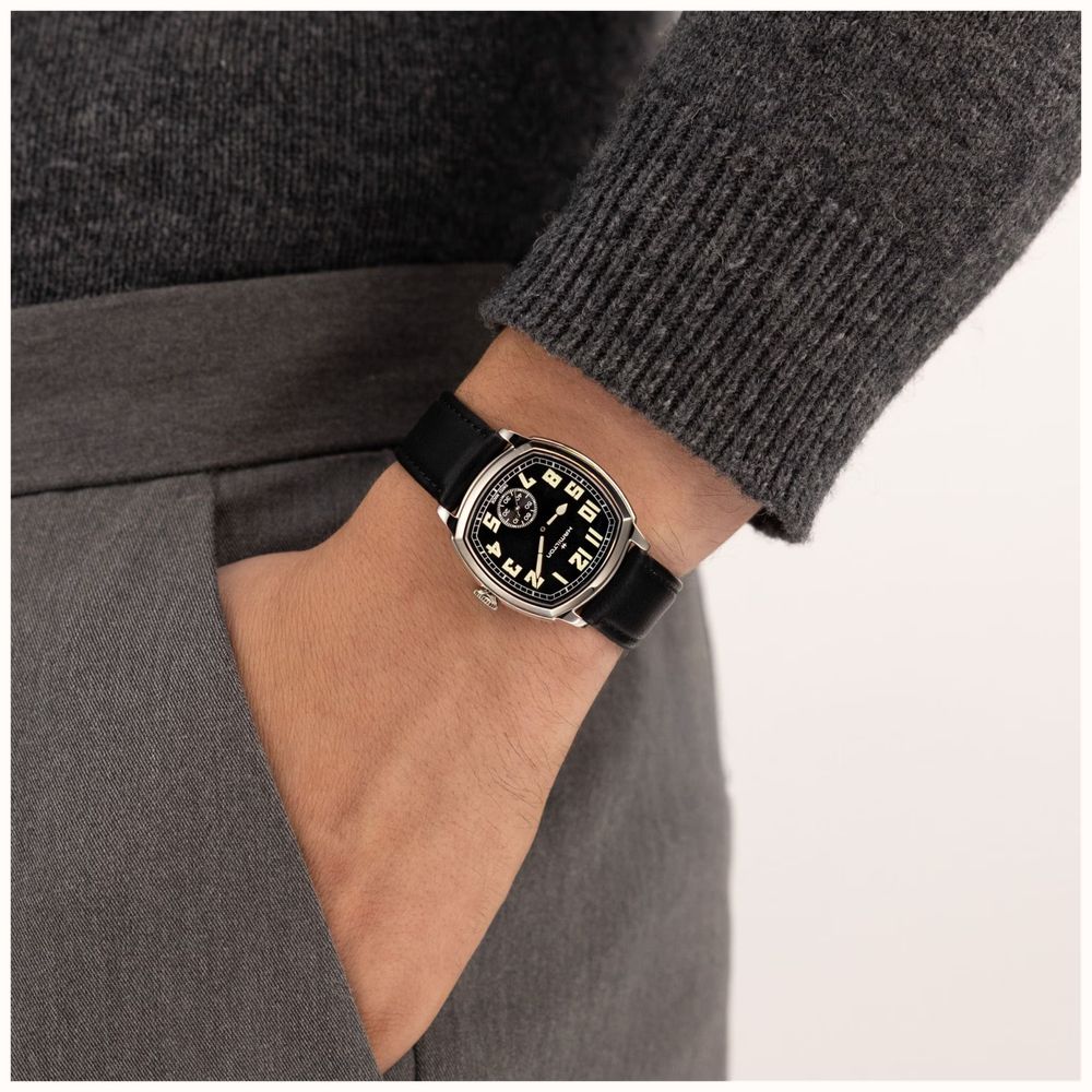Hamilton American Classic Cushion Mechanical (34mm) Black Sunray Dial / Black Leather Strap Watch H36129730 - alternate view 7