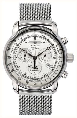 Zeppelin Men's 100 Years (42mm) Silver Chronograph Dial / Stainless Steel Mesh Bracelet 7680M-1