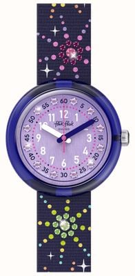 Flik Flak PARTY FINALE (31.85mm) Purple Dial / Purple Firework Patterned Strap FPNP178