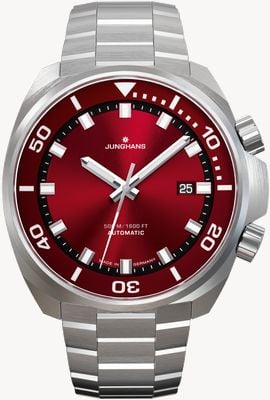 Junghans Aquaris Automatic (46.9mm) Red Sunburst Dial / Stainless Steel Bracelet + Black Rubber Strap 27/4661.44