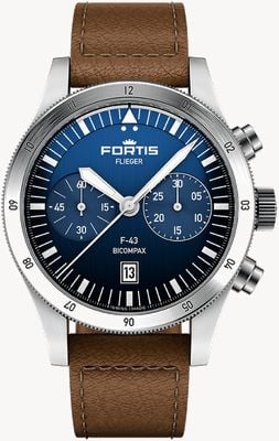 FORTIS Flieger F-43 Bicompax Liberty Blue (43mm) Teak Brown Leather Aviator Strap F4240013