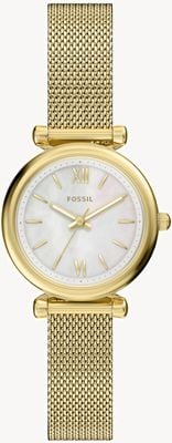 Fossil Carlie Three-Hand Quartz (28mm) Mother-of-Pearl Dial / Gold PVD Stainless Steel Mesh Bracelet ES5462
