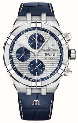 Maurice Lacroix Aikon Automatic Chronograph Day/Date (44mm) Silver Dial / Blue Leather AI6038-SS001-131-1