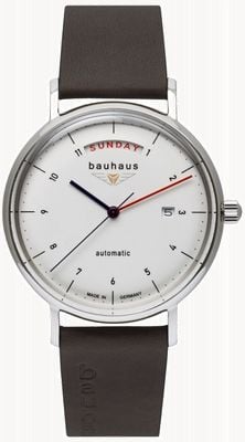 Bauhaus Men's Brown Italian Leather Strap | White Dial | Automatic | Day/Date 2162-1