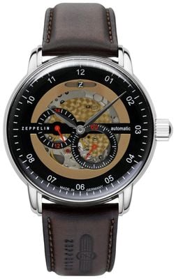 Zeppelin Captain's Line Small-Seconds Automatic (42mm) Black and Gold Open Heart Dial / Brown Leather Strap 8664-5