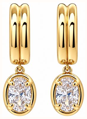 Burren Jewellery 18K Gold Plated Hoop Earrings, Bezel-set Oval White CZ Drop Charm E1794