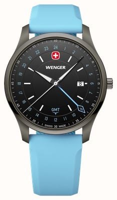 Wenger City GMT Quartz (42mm) Brushed Black Dial / Sky Blue Silicone Strap 01.1442.103