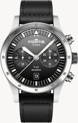 FORTIS Flieger F-43 Bicompax Black (43mm) Black Leather Aviator Strap F4240007