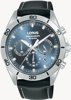 Lorus Sports Quartz Chronograph (43mm) Blue Sunray Dial / Black Leather Strap Watch Exdisplay RT341KX9-Exdisplay