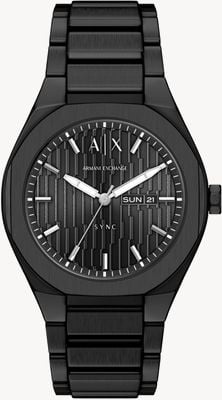 Armani Exchange Three-Hand Day/Date Quartz (42mm) Textured Black Dial / Black PVD Stainless Steel Bracelet AX4301