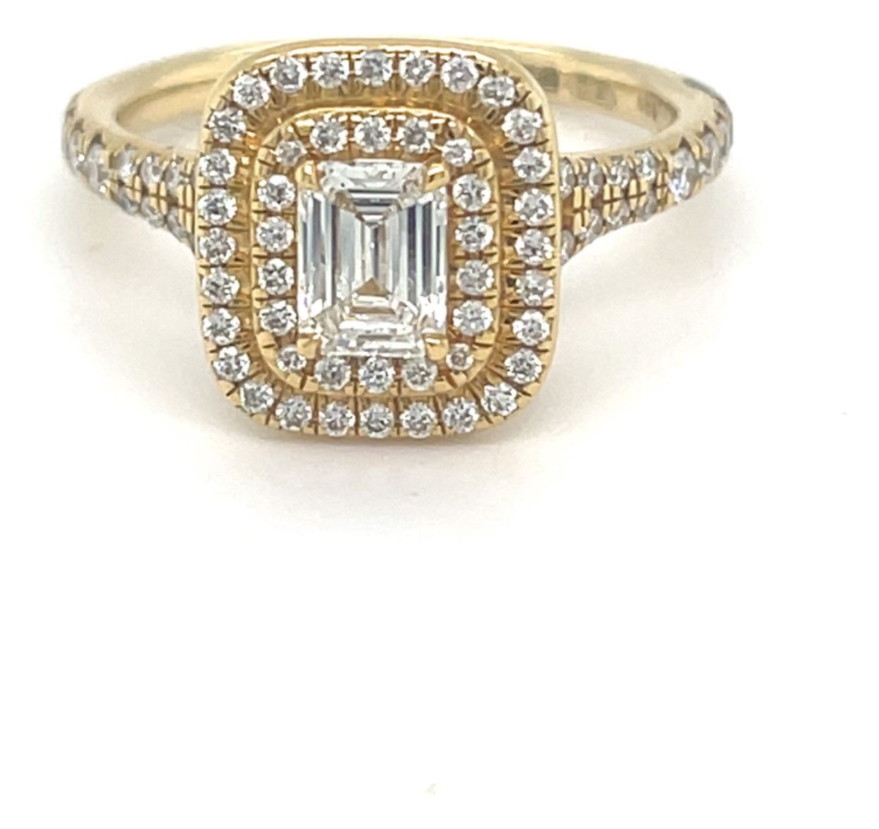 GEMEX J94859 18ct Yellow Gold Emerald Cut Double Halo Ring Jewellery