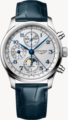 LONGINES Master Collection Chrono Moonphase (41mm) Silver "barleycorn" Dial / Blue Leather Strap L29624732