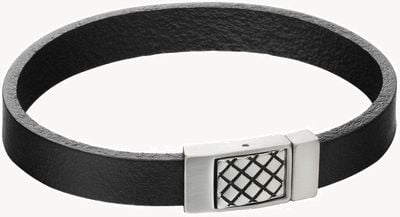 Fred Bennett Men's Criss Cross Steel Clasp Black Leather Bracelet B5164