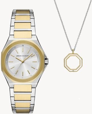 Armani Exchange Women's Gift Set (34mm) Silver Dial / Two-Tone Stainless Steel Bracelet with Matching Necklace AX7161SET