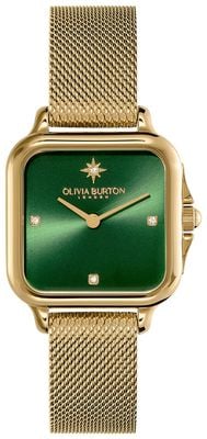 Olivia Burton Grosvenor Classic (28mm) Green Sunray Dial / Gold PVD Stainless Steel Mesh Bracelet 24000087