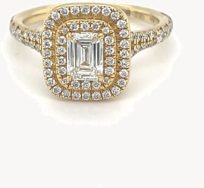 18ct Yellow Gold Emerald Cut Double Halo Ring - G colour Vs2 J94859
