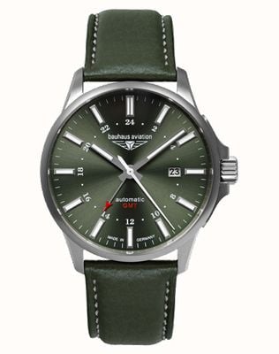 Bauhaus Aviation Titanium Automatic GMT (42mm) Dark Green Dial / Green Leather Strap 28684