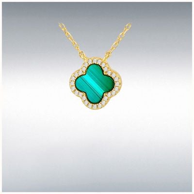 Sterling Silver Yellow Gold Plated 13.4mm x 13.4mm Clover Malachite White CZ Adjustable Necklace 8.12.0190