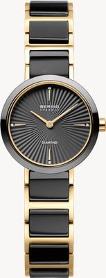 Bering Classic Diamond Quartz (27mm) Textured Black Dial / Gold Stainless Steel & Black Ceramic Bracelet 10725-732