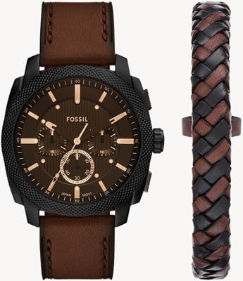 Fossil Men's Machine Watch and Bracelet Set (44mm) Black Dial / Brown Leather Strap FS6102SET