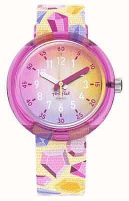 Flik Flak SPARKLING GEMSTONES (31.85mm) Pink Yellow Gradient Dial / Multicoloured Recycled PET Fabric Strap FPNP155